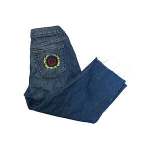 TOMMY HILFIGER Embroidered Pocket Frayed Cropped Distressed Casual Denim Capri